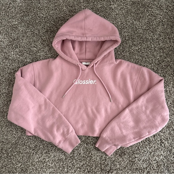 Glossier Tops - Glossier Pink Cropped Hoodie Size M Reworked Sweatshirt Logo Pullover Cozy Rare